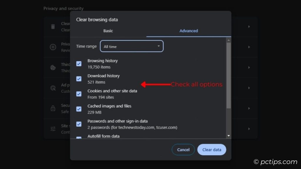check all options in clear browsing data
