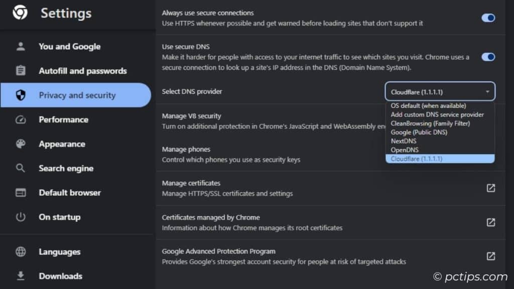 choosing dns server in browser