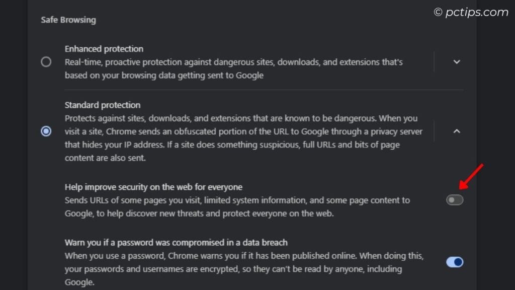 chrome standard protection with improve security disabled