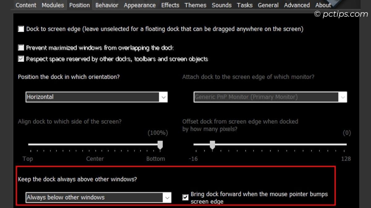 nexusdock position items to enable