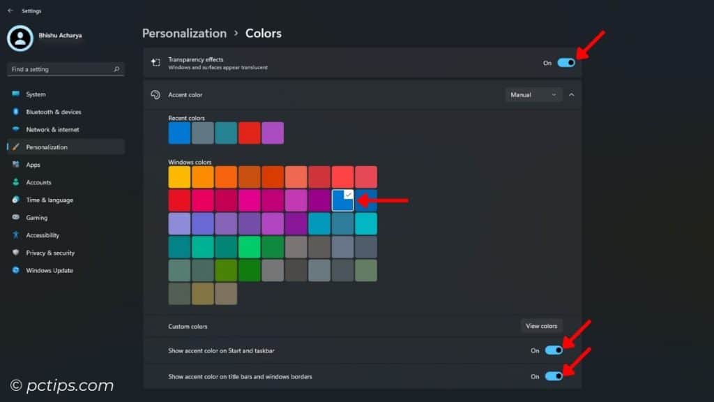 personalization colors windows setting