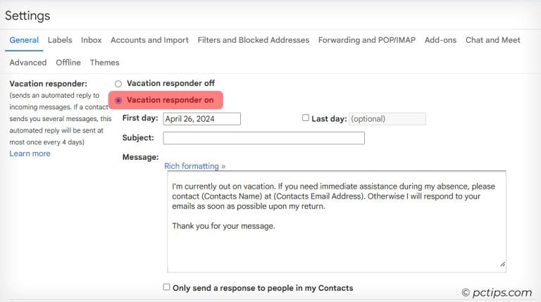 how to set holiday message in gmail