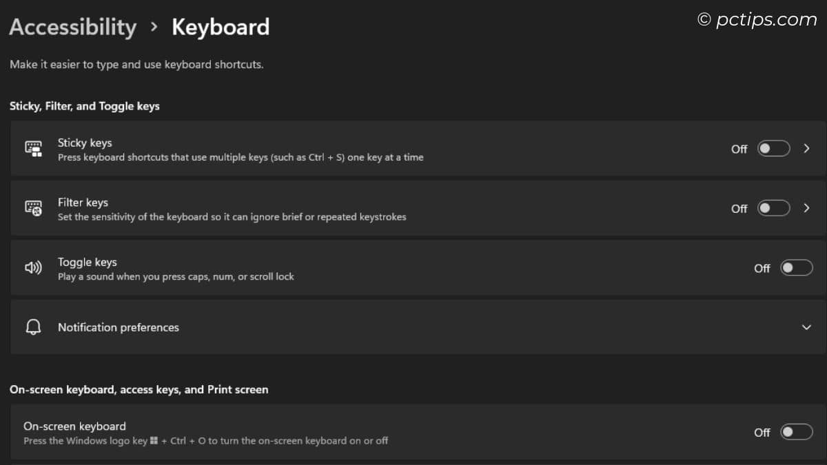 disable sticky toggle and filter keys windows 11