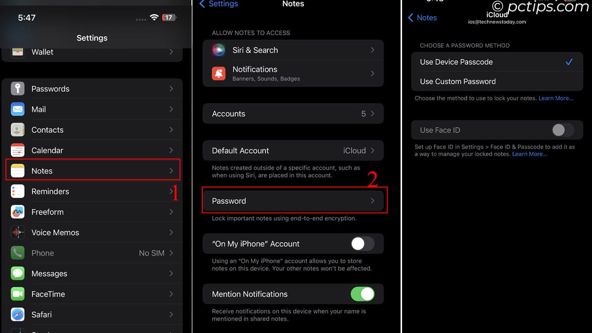 create password in notes