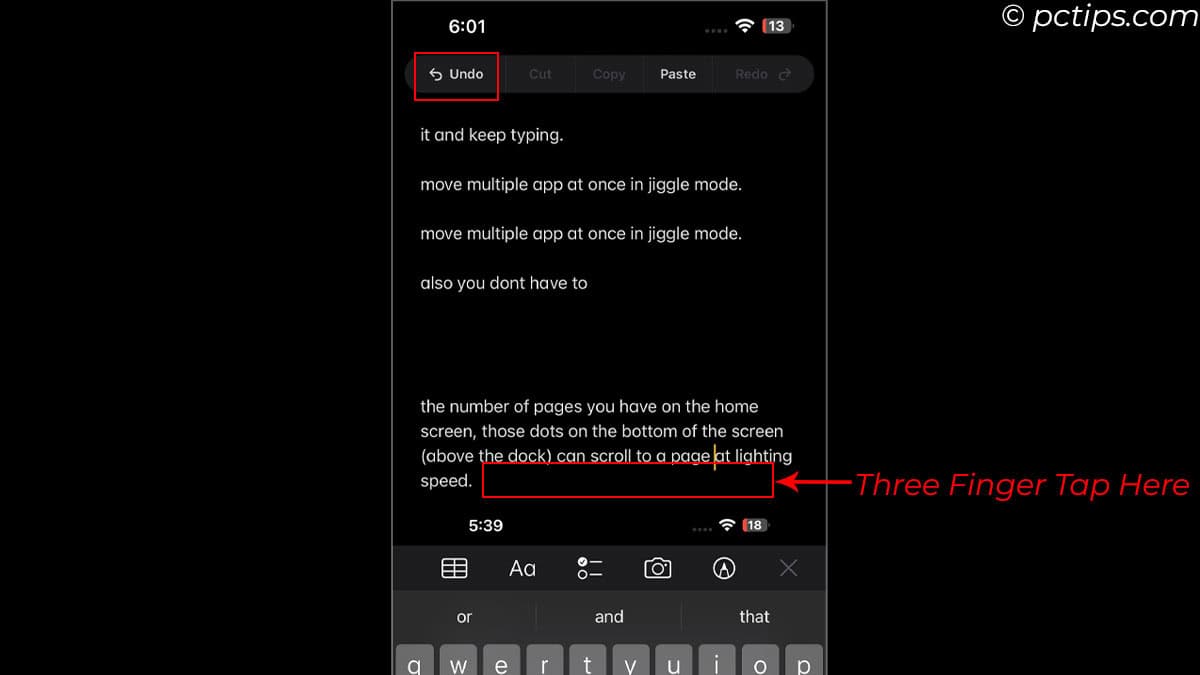 three finger tap to undo