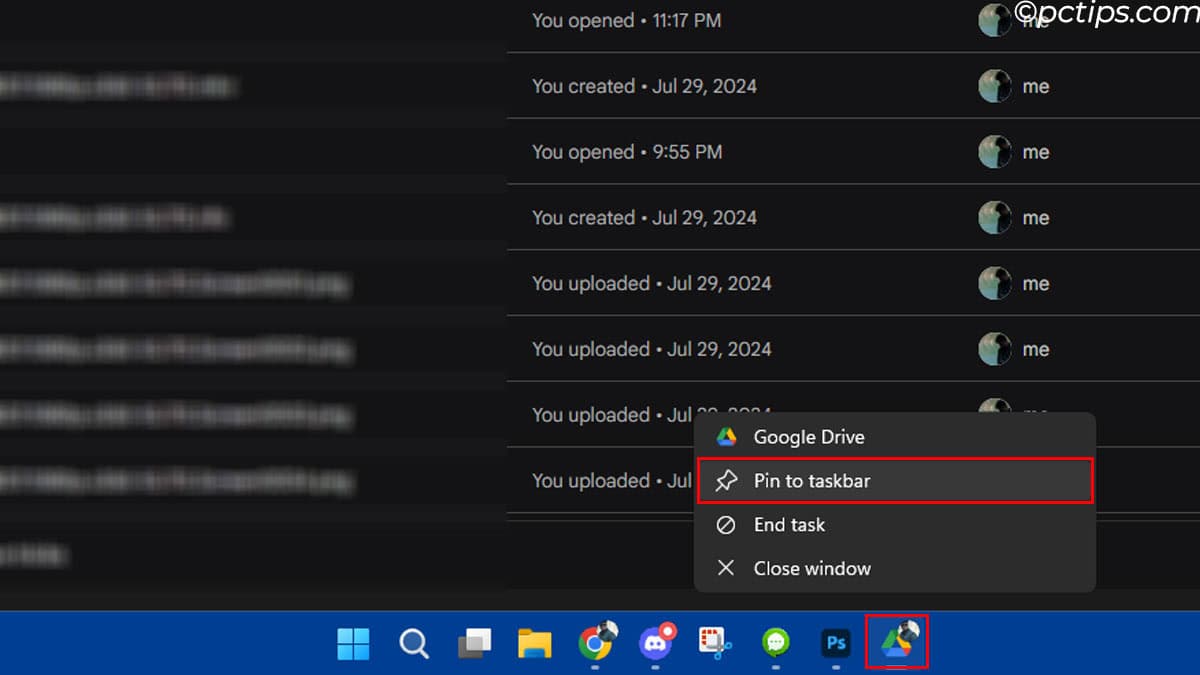 pin google drive to taskbar