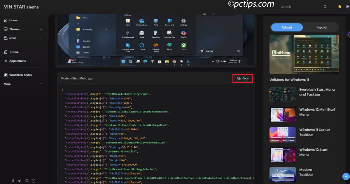 vinstar theme copy code