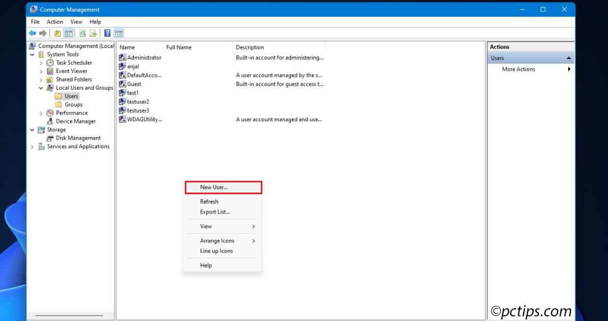 computer management new user
